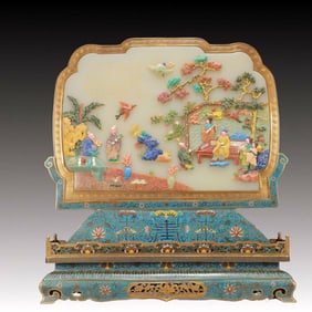 A Exquisite Cloisonne Inlaid Gems Character and Story Pattern Bats and Peach Pattern with poem