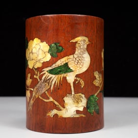 An Exquisite Huanghuali Wood Flower and Bird Pattern Brush Pot