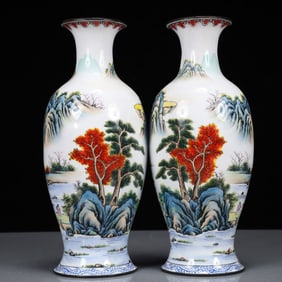 A Pair of Exquisite Painted Enamel Landscape and Figure Pattern Vases