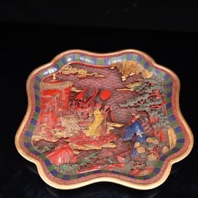 A Rare Carved Red Lacquer Painted Color Figure Pattern Plate
