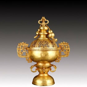 An Exquisite Gilt Bronze Gourd Pattern Double-Ears Censer