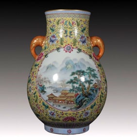 A Rare Yellow Ground Famille-Rose Painted Gold Landscape and Figure Pattern Double-Ears Vase