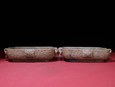 A Pair of Exquisite White Jade Beast-Face Pattern Double-Ears Plates
