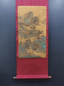 A Chinese Vertical Scroll Ink Painting of Landscape and Figure on Silk,Li Cheng