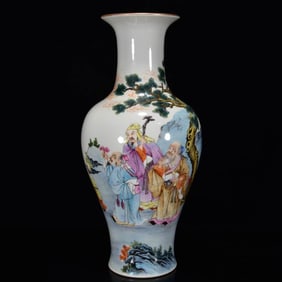 A Rare Famille-Rose Painted Gold Character and Story Pattern Vase,With Poem