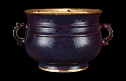 An Exquisite Jun yao Purple Glazed Cover with Gold Double-Ears Censer,Inlaid Gems