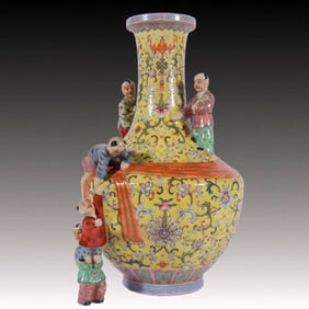 A Rare Yellow Ground Painted Gold Lotus and Figure Pattern Vase