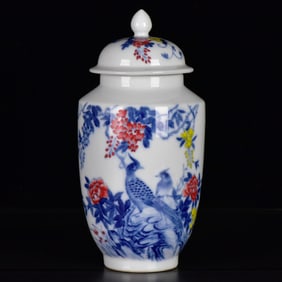 An Exquisite Blue and White Famille-Rose Flower and Bird Pattern Cover Jar,With Poem