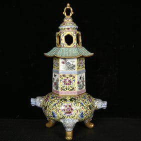 A Rare Yellow Ground Enamel Painted Gold Flower and Bird Pattern Beast-Ears Tripod Censer