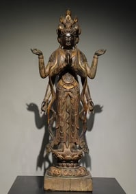 A Rare Limestone Painted Color Statue of Eleven-Headed and Six-Armed Guanyin