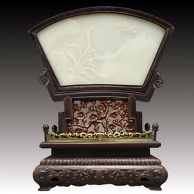 A Precious White Jade Flower Pattern Table Screen,With poem