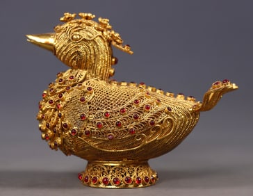 An Exquisite Gilt Inlaid Gems Mandarin Duck Ornament