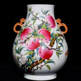 An Exquisite Famille-Rose Painted Gold Bats and Peach Pattern  Double-Ears Vase