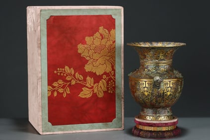 An Exquisite Bronze Inlaid Gold Auspicious Beast Pattern Sheep-Ears Vase,With Inscription