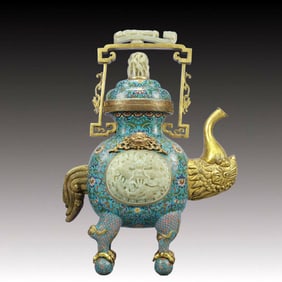 A Huge Cloisonne Inlaid White Jade Lotus and Dragon Pattern Ewer