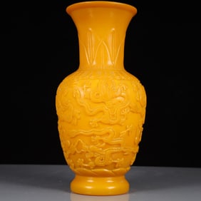 A Pair of Rare Carved Red Lacquer Auspicious Cloud and Dragon Pattern Vases