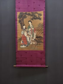 A Chinese Vertical Scroll Ink Painting of Character and Story on Silk,Yan Liben