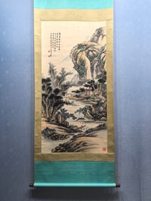 A Chinese Vertical Scroll Ink Painting of Landscape and Figure on Paper,Huang Junbi