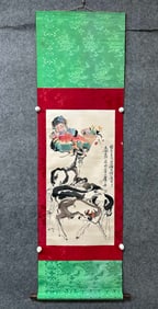 A Chinese Vertical Scroll Ink Painting of Figure and Sheep on Paper,Cheng Shifa