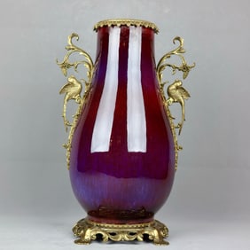A Huge Flambe Glazed Inlaid Bronze Flower and Bird Pattern Double-Ears Vase
