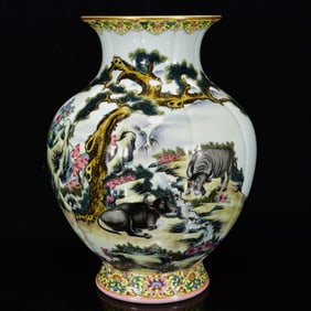 An Exquisite Famille-Rose Painted Gold Landscape and Buffalo Pattern Vase,With Poem