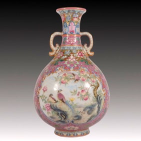 An Exquisite Enamel Flower and Bird Pattern Double-Ears Vase