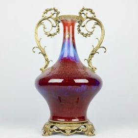 An Exquisite Flambe Glazed Inlaid Bronze Flower Double-Ears Vase