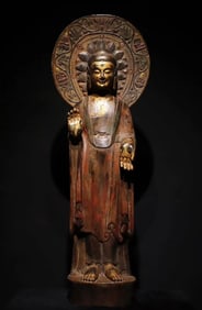 A Rare Limestone Painted Color Statue of Sakyamuni