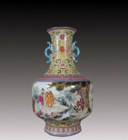 A Huge Famille-Rose Yellow Ground Character and Story Pattern Double-Ears Vase