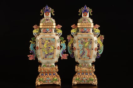 A Pair of Rare Gilt Inlaid White Jade Dragon and Phoenix Pattern Double-Ears Vases, Inlaid Turquoise