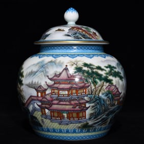 An Exquisite Famille-Rose Painted Gold Landscape and Figure Pattern Cover Jar