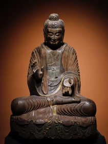 A Rare Limestone Painted Color Statue of Sakyamuni