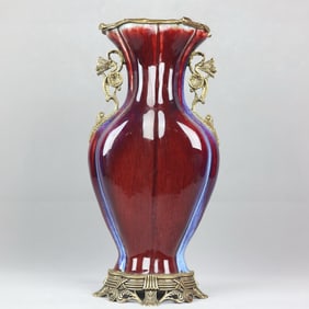 A Huge Flambe Glazed Inlaid Bronze Double-Ears Vase