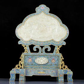 A Huge Cloisonne Inlaid White Jade Character and Story Pattern Table Screen