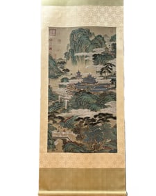 A Chinese Vertical Scroll Ink Painting of Landscape on Silk,Tang Yin