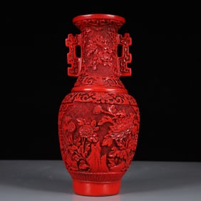 An Exquisite Carved Red Lacquer Peony Pattern Double-Ears Vase