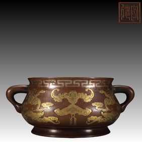 An Exquisite Bronze Inlaid Gilt Silver Auspicious Cloud and Bats Pattern Double-Ears Censer