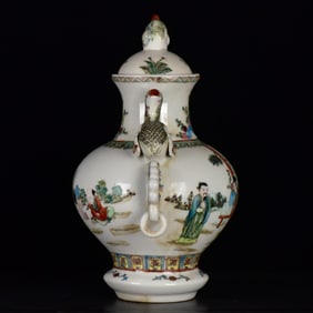 A Huge Famille-Rose Character and Story Pattern Phoenix-Ears Cover Jar
