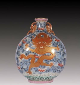A Rare Famille-Rose Painted Gold Dragon Pattern Double-Ears Vase