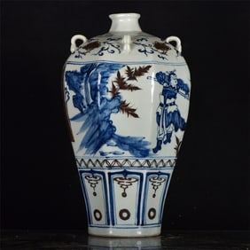 A Rare Blue and White Underglaze-Red Character and Story Pattern Vase