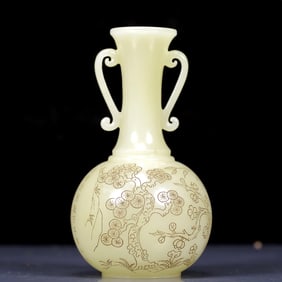 An Exquisite White Jade Flower Pattern Double-Ears Vase, with poem