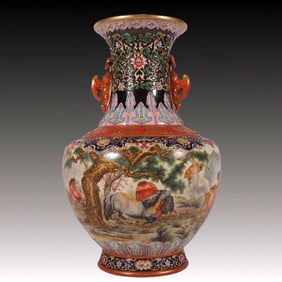 A Rare Famille-Rose Painted Gold Horse Pattern Double-Ears Vase