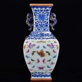 A Rare Blue and White Famille-Rose Lotus and Butterfly Pattern Dragon-Ears Vase