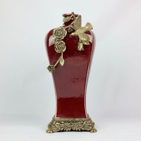 An Exquisite Ji Red Glazed Inlaid Bronze Flower and Bird Vase