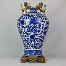 An Exquisite Blue and White Lotus and Dragon Pattern Inlaid Bronze Beast Ears Vase