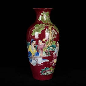 An Exquisite Famille-Rose Ruby Red-Glazed Character and Story Pattern Vase