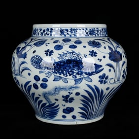 A Rare Blue and White Fish and Algae Pattern Jar