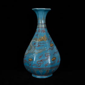 A Rare Blue Ground Famille-Rose Painted Gold Auspicious Cloud and Dragon Pattern Vase