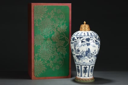 A Huge Blue and White Character and Story Pattern Vase,With Gilt Cover
