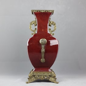 A Huge Ji Red Glazed Inlaid Bronze Ruyi Pattern Beast-Ears Vase